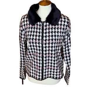 Marisa Christina houndstooth cardigan with removable faux fur collar Size Medium